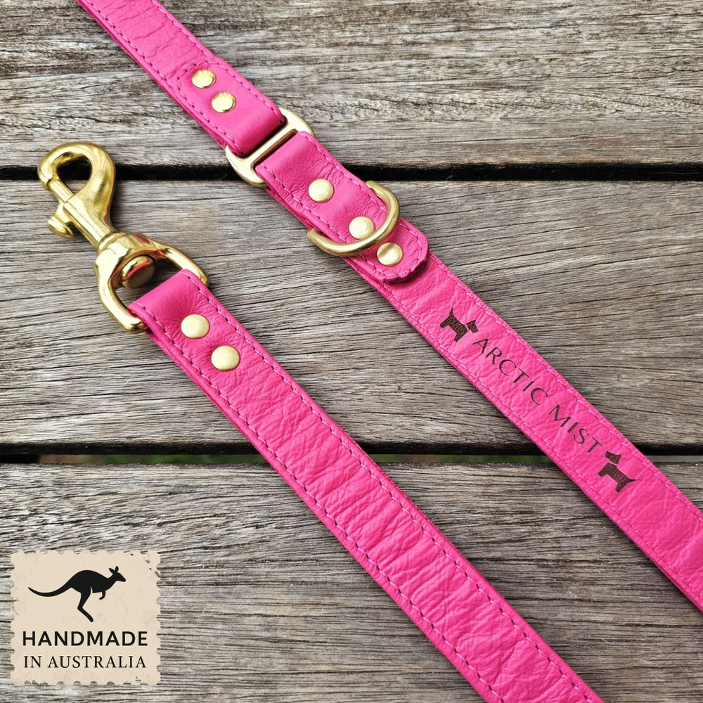 Luxury hot pink leather kangaroo dog collar, head halter and lead. Handmade in Australia