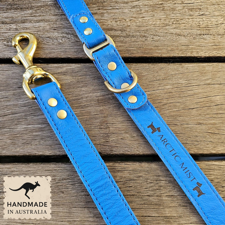 Luxury azure blue leather kangaroo dog collar, head halter and lead. Handmade in Australia