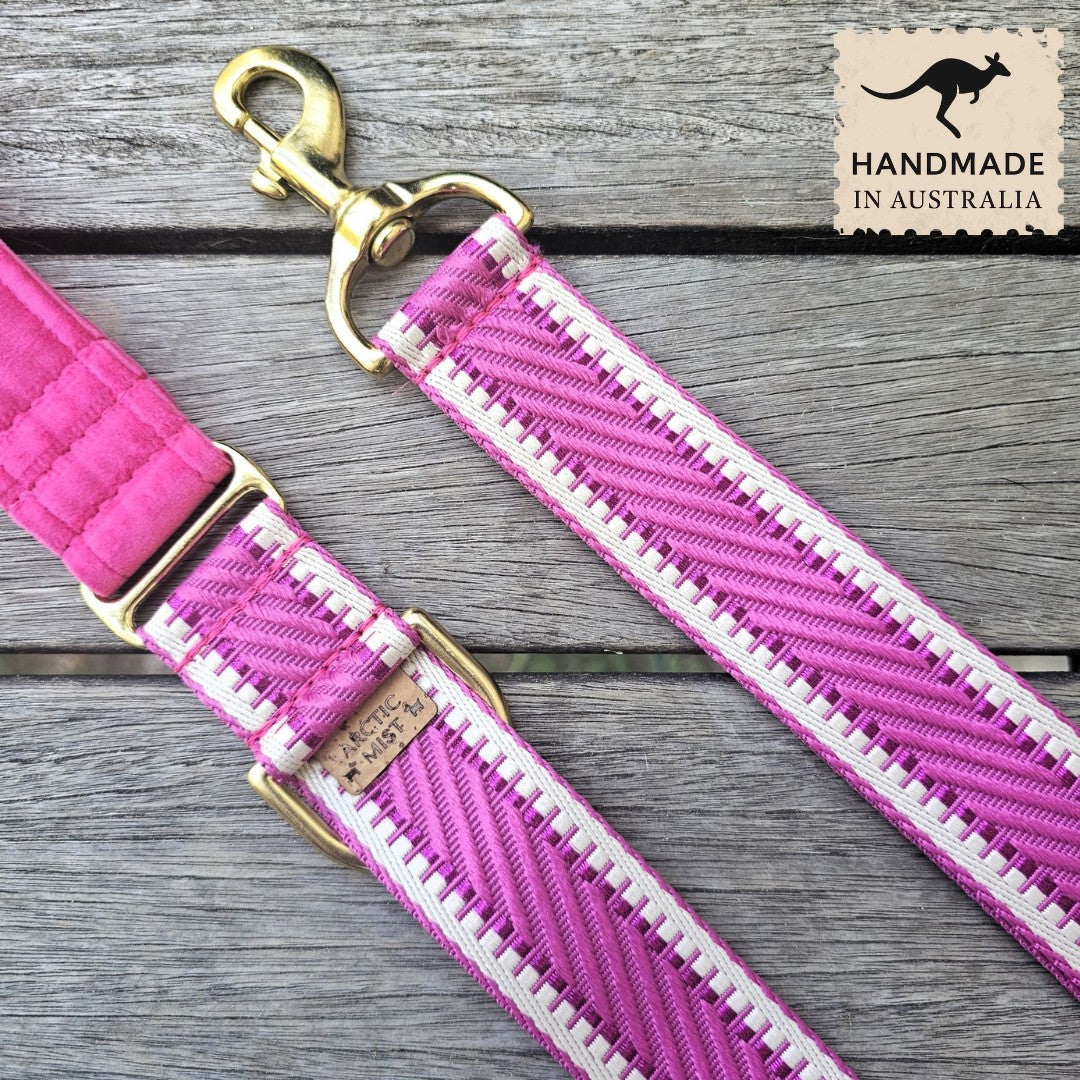 Hot Pink webbing velvet dog lead collar brass