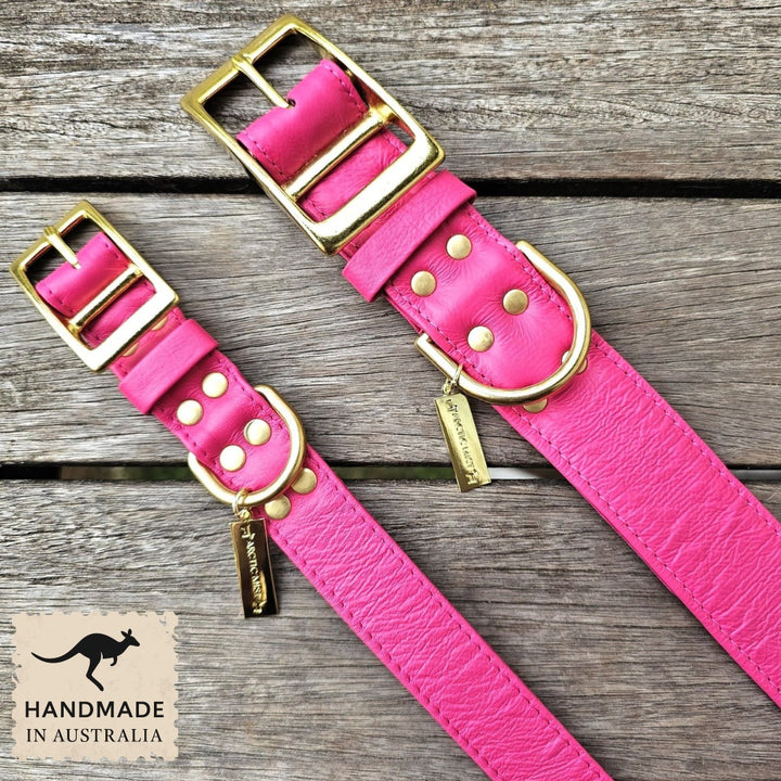 Luxury hot pink leather kangaroo dog collar and lead. Handmade in Australia