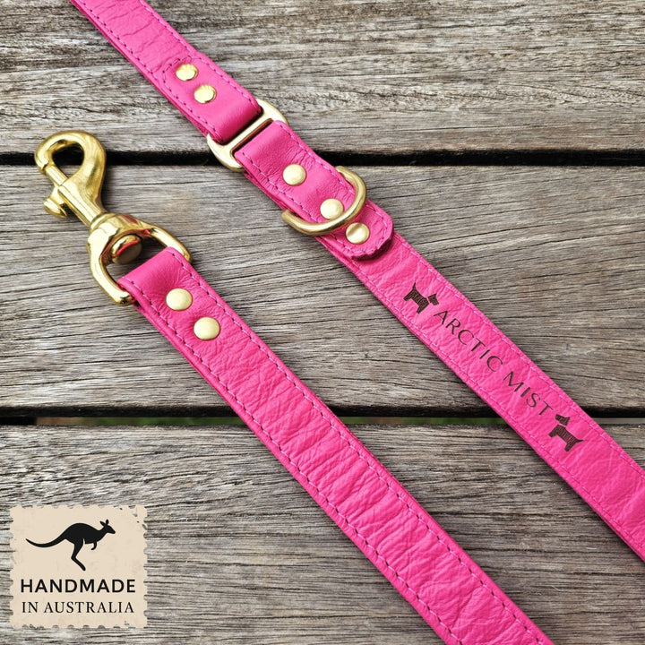 Luxury hot pink leather kangaroo dog collar, head halter and lead. Handmade in Australia