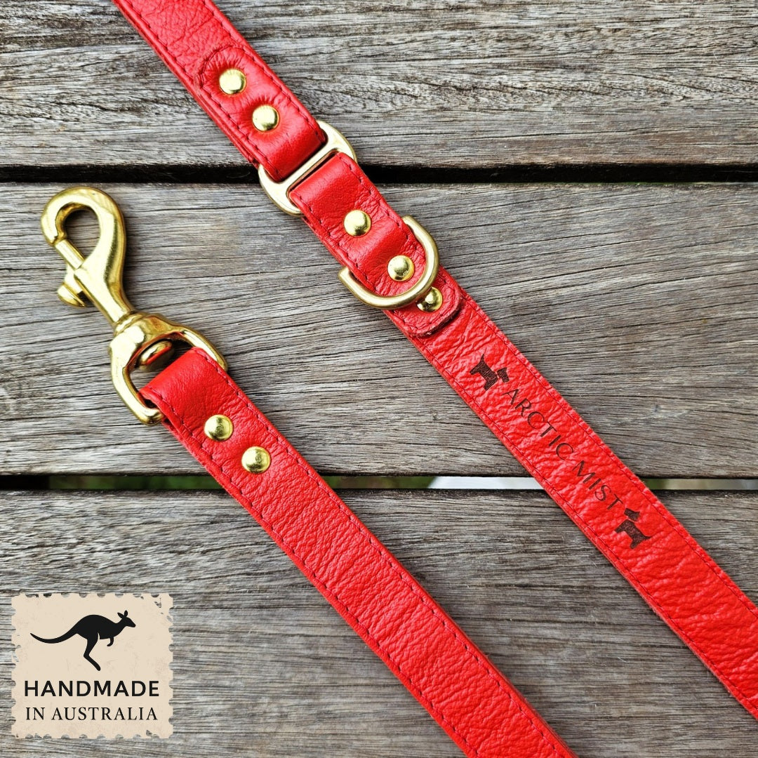 Luxury fiery red leather kangaroo dog collar and lead. Handmade in Australia